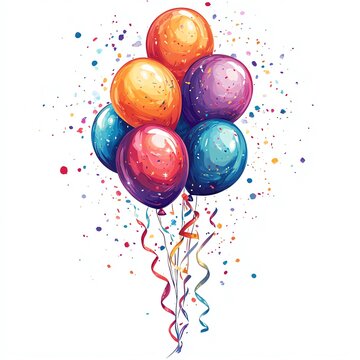 A birthday streamer and balloon clipart, party decor, hand-drawn style, with vibrant colors, isolated on white background