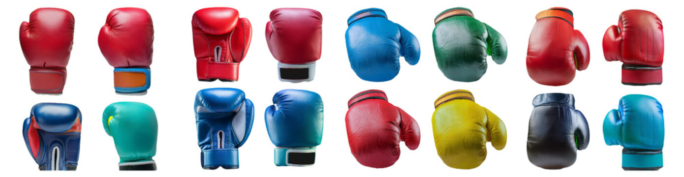 Collection of boxing gloves in different colors isolated on transparent background