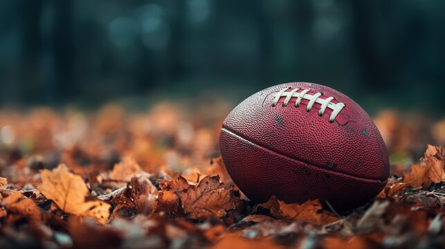 A close-up of a football resting on a bed of colorful autumn leaves, capturing the essence of fall sports.