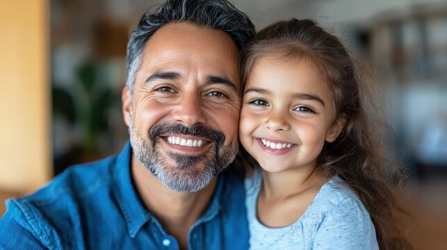 A father with a bright, gleeful smile seen with his young daughter, both sharing a happy, wholesome moment inside a welcoming, well-lit home environment.