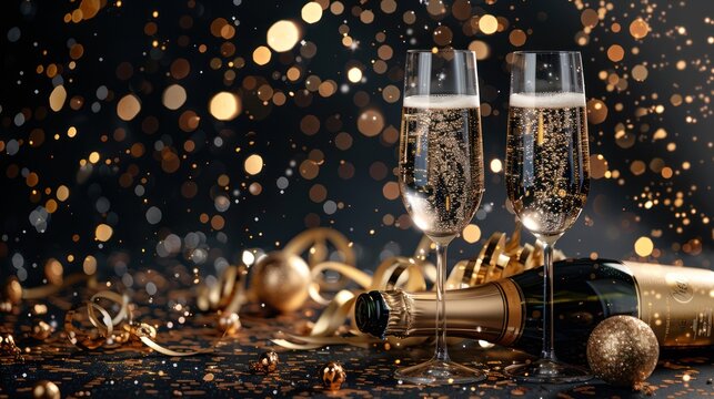 Champagne Toast for Luxury Celebration - New Year's Eve, Sylvester, or Other Holidays - Dark Black Night Background with Sparkling Wine Glasses and Bottle - Greeting Card or Banner