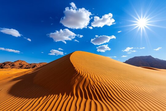 Panoramic photo, desert dunes, rolling sands highlights the stark and beautiful landscape of an arid desert