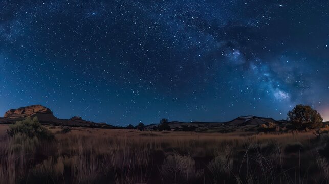 A panoramic view of the Milky Way galaxy stretching across the night sky above a dark, flat desert landscape.