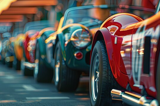 Classic sports cars lined up during a vibrant car show on a sunny afternoon at a local exhibition area. Generative AI