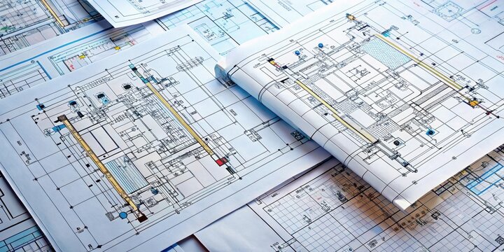 Rolls of electrical engineering drawings on paper, electrical engineering, drawings, blueprint, schematics