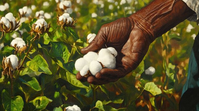 Hand of a farmer harvesting a white cotton boll in a lush cotton field, capturing the essence of traditional cotton picking and agricultural labor.