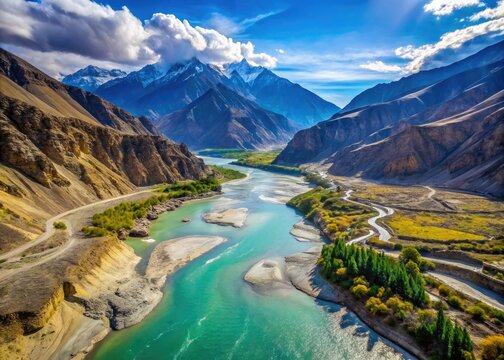 Captivating Aerial View Of The Iconic Kali Gandaki River Winding Through The Rugged Gorge, Showcasing Its Pristine Waters And Dramatic Topography.