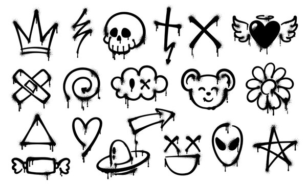 Grunge ink graffiti spray paint. Vector set of black graffiti-style symbols such as crown, skull, cross, heart and alien head, with grungy and drippy texture, capturing the urban street art aesthetic