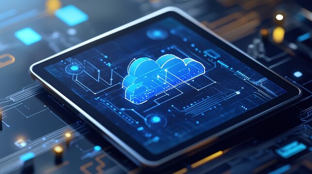 A close-up of a digital tablet displaying cloud computing architecture