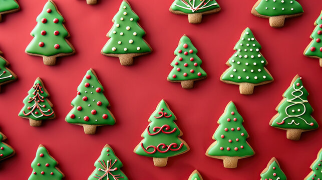 Christmas gingerbread cookies in the form of a Christmas tree on a red background.