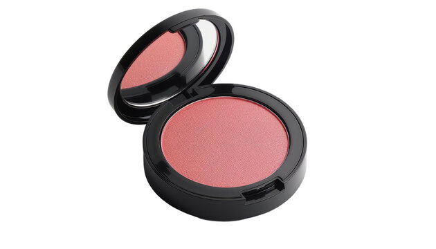 A close-up of a sleek blush compact, showcasing a soft pink blush in a stylish black casing, perfect for makeup enthusiasts.