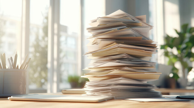 A towering stack of paperwork sits on a desk in a bright office, with pens and plants in the background.