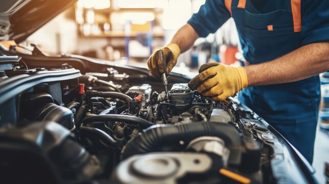 A mechanic working on a car engine in a well-equipped auto repair shop.