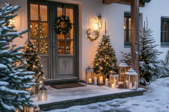 Porch of a house decorated for Christmas holidays with little trees and lanterns 