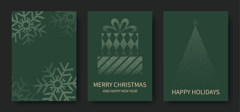 Merry Christmas and Happy New Year, luxury brochure covers, cards, greetings, poster, holiday vector illustration set. Snowflakes, Christmas tree, gifts on green background.