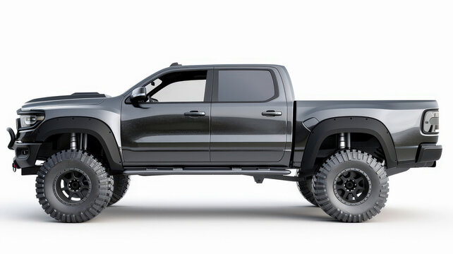 Side profile of a black lifted off-road pickup truck with oversized tires, showcasing rugged design and powerful build, isolated.