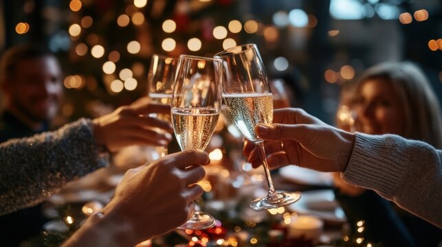 Image shows two hands holding glasses of red wine, clinking together in festive toast against backdrop of Christmas tree and warm, twinkling lights. Concept of winter holidays, fun, celebration, party