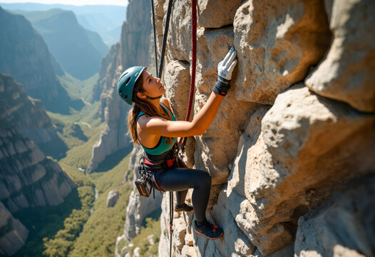 A woman climbing up a rock face in the mountains.