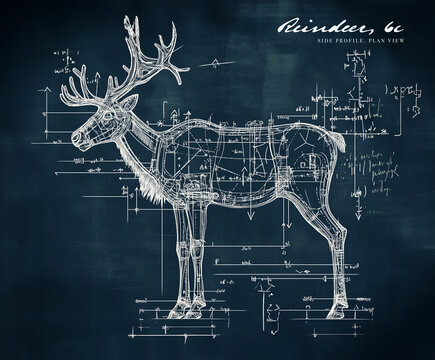 Reindeer engineering drawing, Christmas blueprint, draft drawing. Highly technical drawings and notes surround the diagram, elf design plans. Construction plan. Blackboard. Chalk drawing, xmas