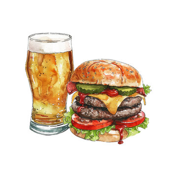 burger and beer vector illustration in watercolor style