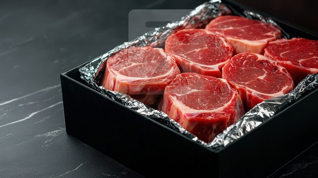 High-quality ribeye steaks neatly arranged in a black box. Perfect for culinary enthusiasts who appreciate fresh meat for grilling or special meals.