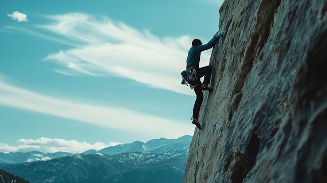 A rock climber scales a steep cliff face, with a valley and mountain range in the background.