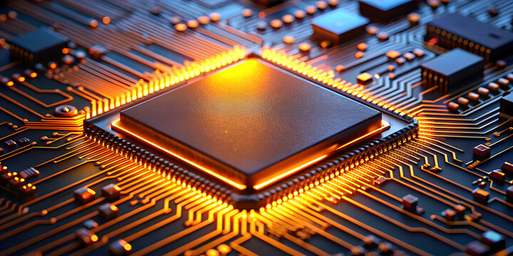 Close-up photo of a computer chip glowing orange under neon lights resembling a small city , technology