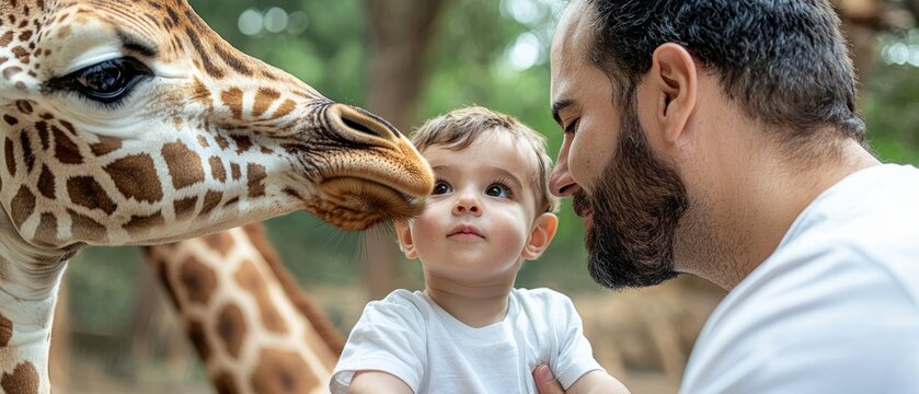 Father helping his son feed the giraffes, bonding moment, stock photo style