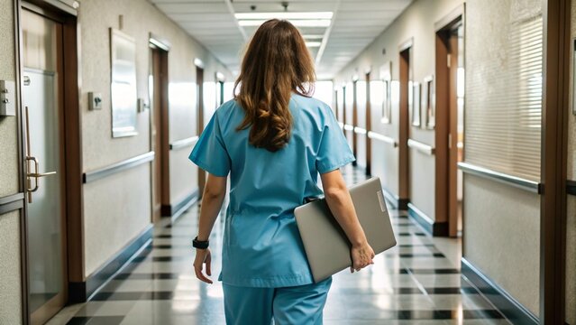 back view of female nurse walking in hospital hallway, wearing blue medical uniform and carrying clipboard