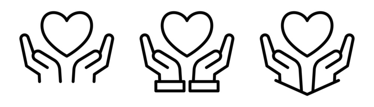 Vector set of hands holding heart icons, representing care, charity, and love. Editable stroke.