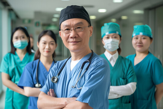 Photography of Singapore team of professional workers in a modern hospital.	