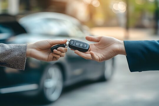 transportation rental automotive business concept. Close up hands of rental auto agent giving car remote key to client to travel sightseeing, generative ai