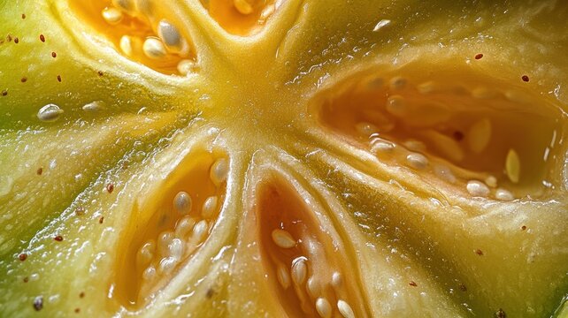 Extreme close-up of exotic fruit seeds and flesh