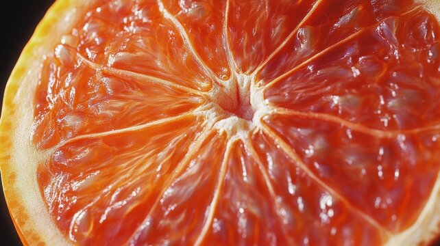 Close-up of a vibrant grapefruit slice, showcasing its juicy texture and bright, detailed segments, perfect for food and health visuals.