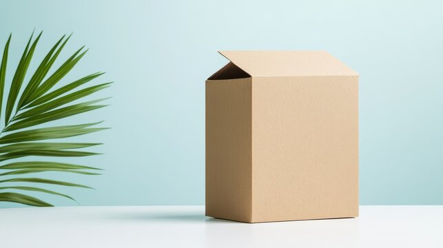 Eco-friendly box packaging mockup, minimalist design, clean white background, magazine-style photography