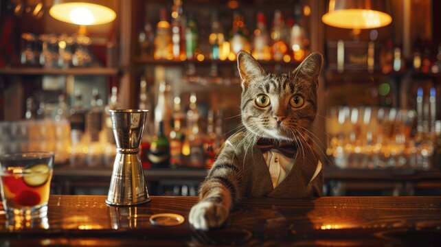 A dapper cat dressed in a vest and bow tie stands behind a bar, ready to mix drinks in a cozy, warmly lit bar setting.