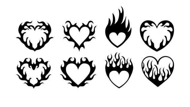 Vector design set, flames and fire, acid neo tribal shapes, y2k elements and abstract illustrations in gothic style, heart and love symbols, gothic and acid tattoos and print templates