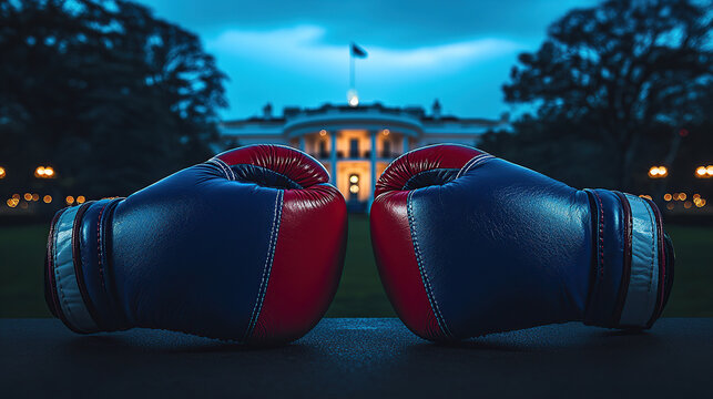 Two boxing gloves in front of the White House at night