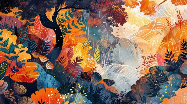 Colorful illustrated autumn forest scene showcasing vivid foliage in warm orange, yellow, and cool blue tones, capturing a magical woodland atmosphere.