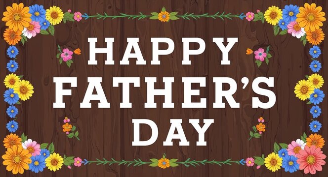 happy fathers day text lettering on wood background with colorful flowers on border