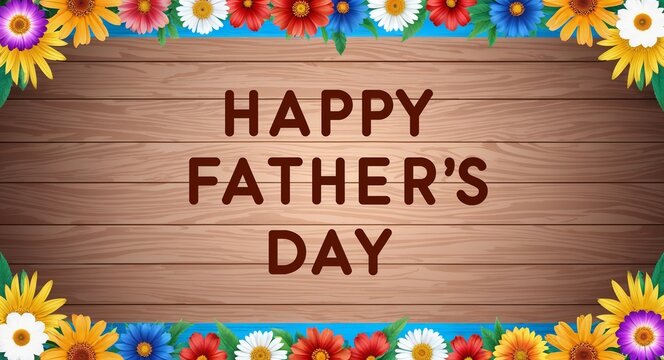 happy fathers day text lettering on wood background with colorful flowers on border