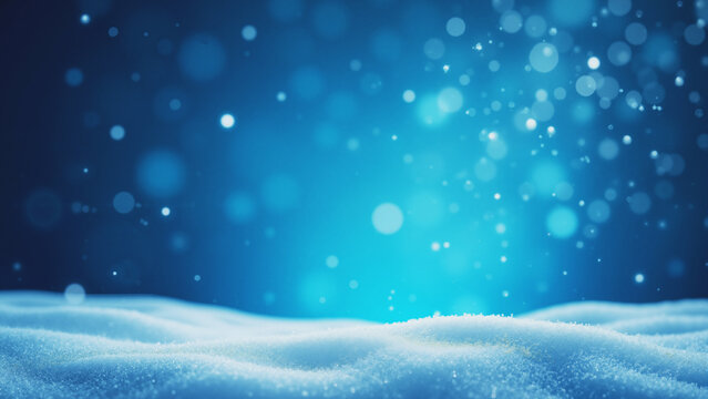 A blue Christmas background with snowflakes and bokeh lights, creating a festive and wintery atmosphere.. Banner, wallpaper, copy space.