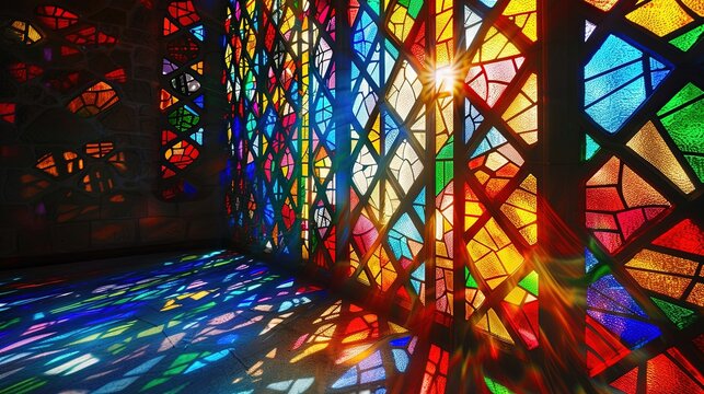 Vibrant stained glass window casting colorful reflections onto the floor, creating a beautiful pattern of light and color in a sacred space.