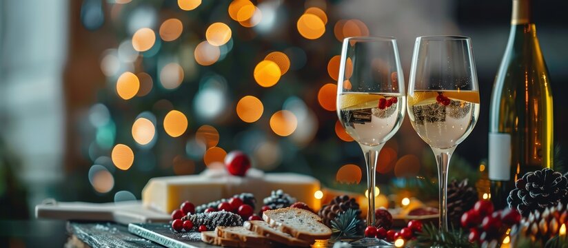 Festive holiday table with champagne, cheese, bread, and grapes with Christmas lights in background