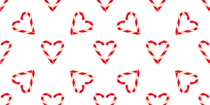 Candy Cane Pattern in Heart shape on white background. Seamless New Year print. Striped Christmas lollipop. Sweet holiday food. Love, romance, reciprocity. Wrapping paper. Colored Vector illustration