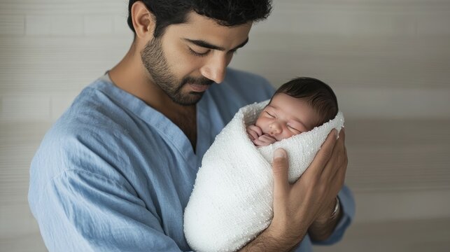 Very realistic photo of a father gently holding his newborn baby wrapped in a soft white blanket The father, in a plain blue hospital gown, gazes lovingly at his child, highlighting a serene moment