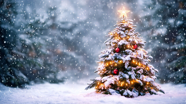 A beautifully lit Christmas tree adorned with ornaments and snow, standing in a wintery forest with falling snowflakes.