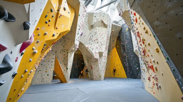 A meticulously organized rock climbing gym, Climbing walls and safety equipment set for active recreation, Extreme sports style