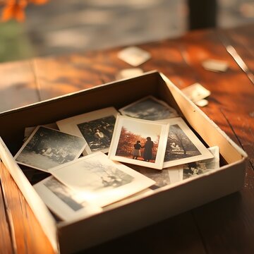 A box of old family photos scattered on a wooden table, sunlight casting a golden glow over the images, each photo a cherished memory.