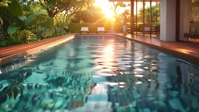 A swimming pool inside a house with a view of the sunset reflecting off the water, creating a beautiful and serene atmosphere.